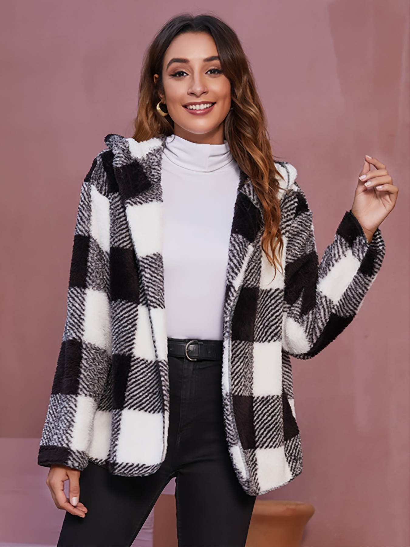 Abrigo De Otoño E Invierno Con Capucha A Cuadros, Ropa De Abrigo Informal  De Manga Larga Con Frente Abierto, Ropa De Mujer