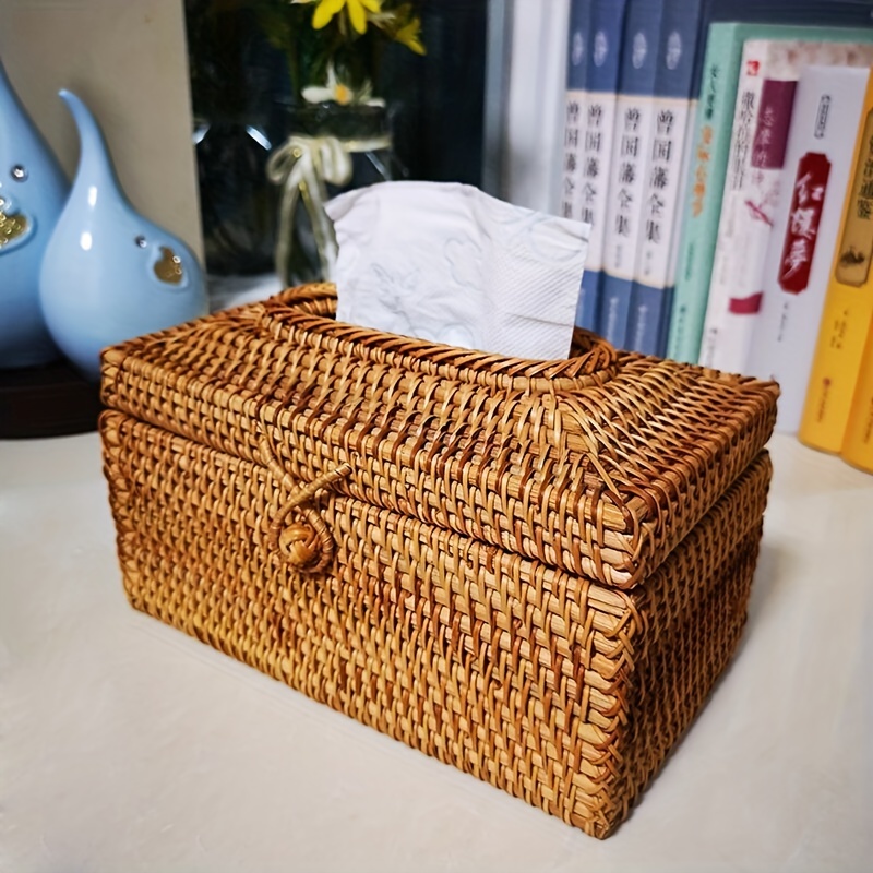 Woven Napkin Paper Organizer Container with Lid Boho Bead Buckle Tissue Box  Cover Square Cotton Rope for Home Office Living Room