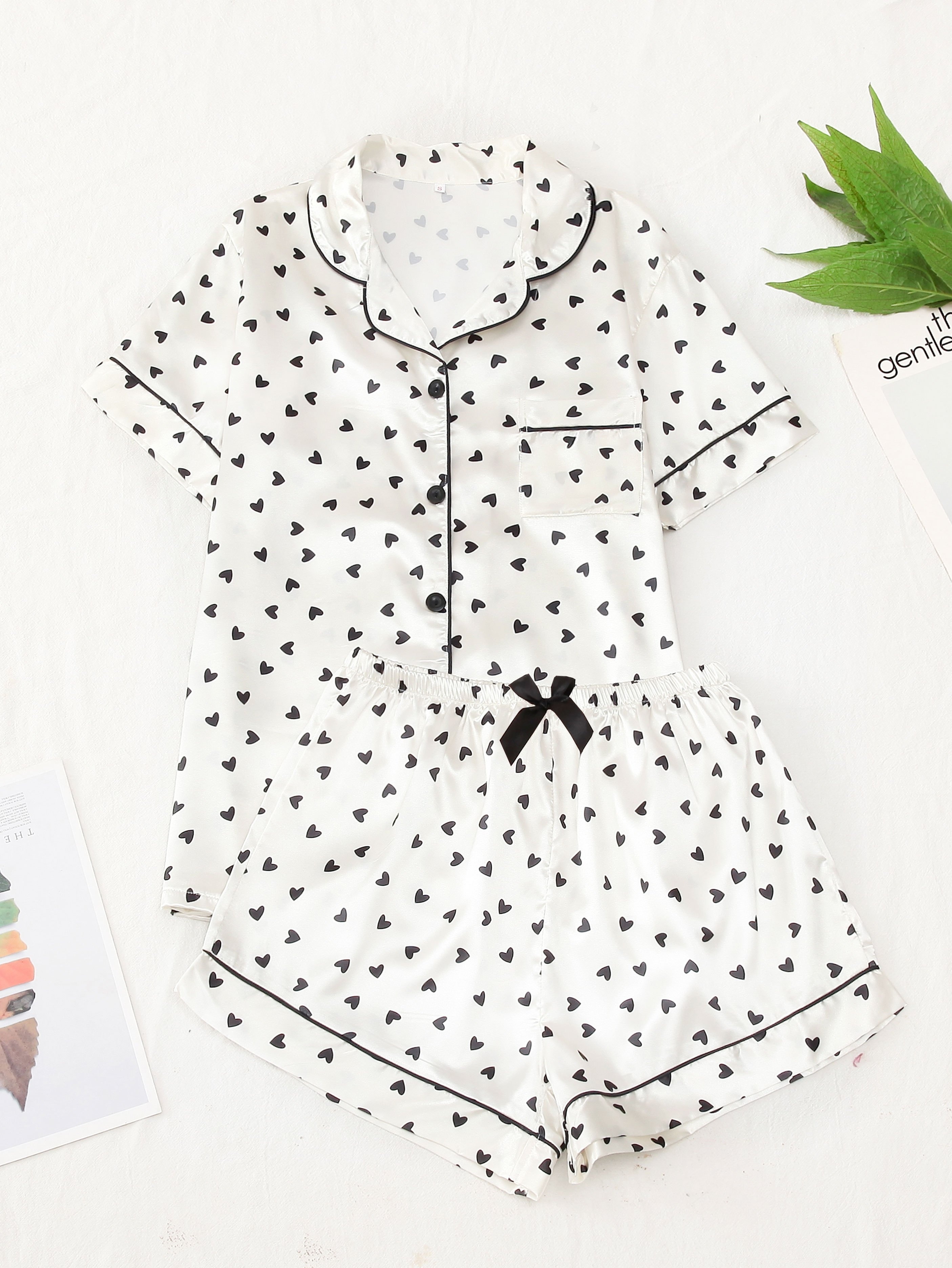 Small Heart Print Satin Pajama Set Comfy Short Sleeve Pocket - Temu