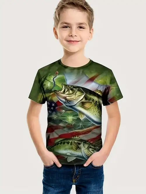 Fishing 3D Print Boys Meaningful T-Shirt, Blouses, Cool, Versatile & Smart Short Sleeve Tee for Toddler Kids, Gift Idea,Temu