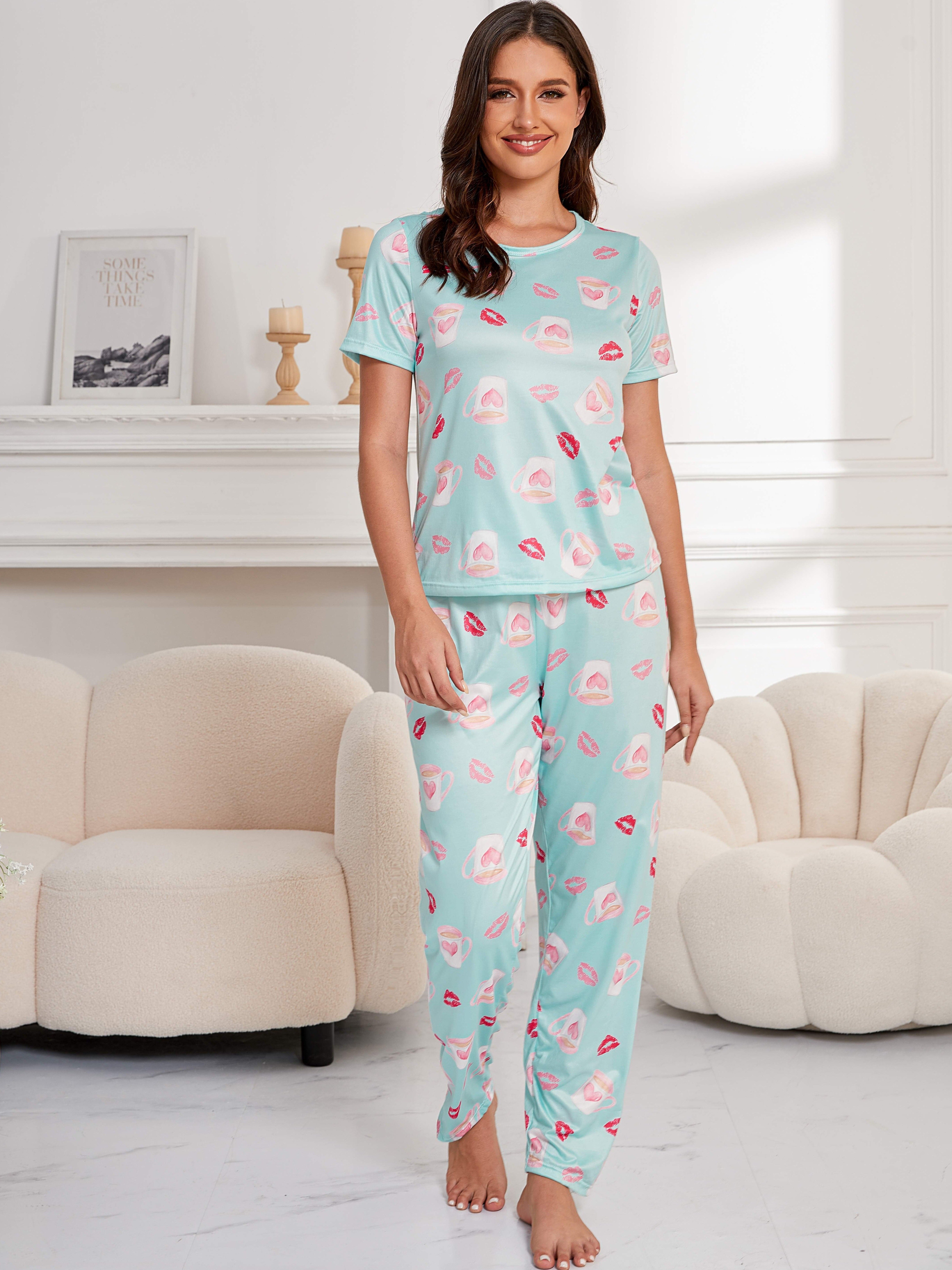 Lip Print Pajama Set, Cute Short Sleeve Crew Neck Top & Lounge Pants,  Women's Sleepwear & Loungewear