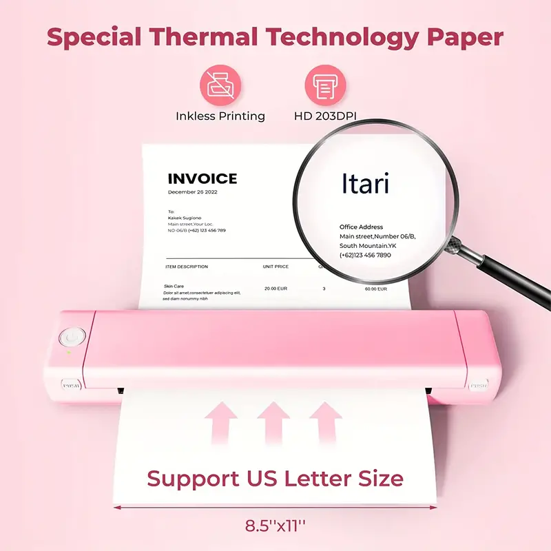 portable printers wireless for travel m08f bt thermal mobile printer support 8 5 x 11 letter size thermal paper on the go inkless portable bt printer for laptop phone and ipad pink details 3