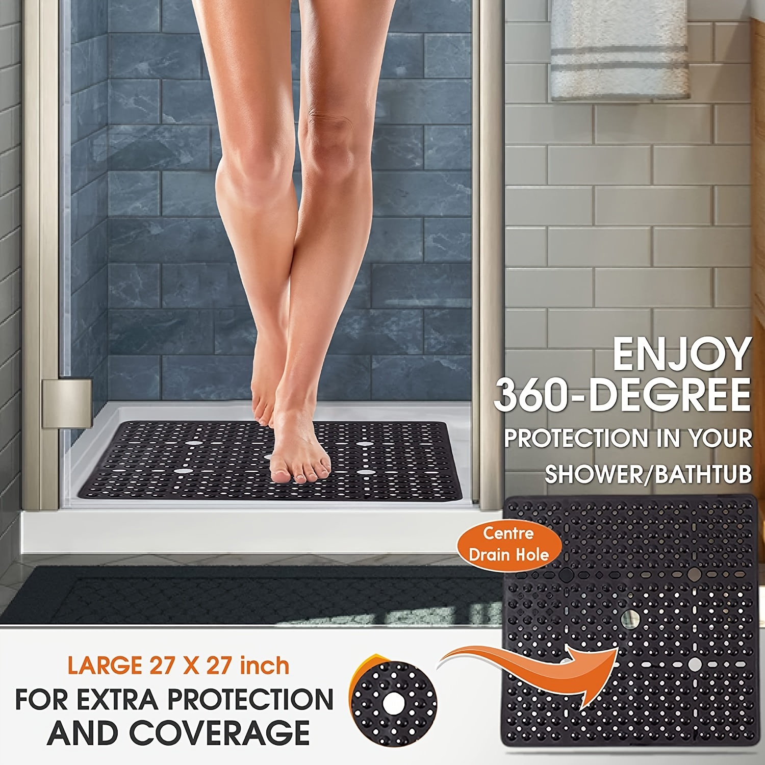 Bath Mat Non Slip Bathtub & Shower Mat Square 27X27 Inch Bathroom Mats for  Tub Nonslip Anti Slip, White