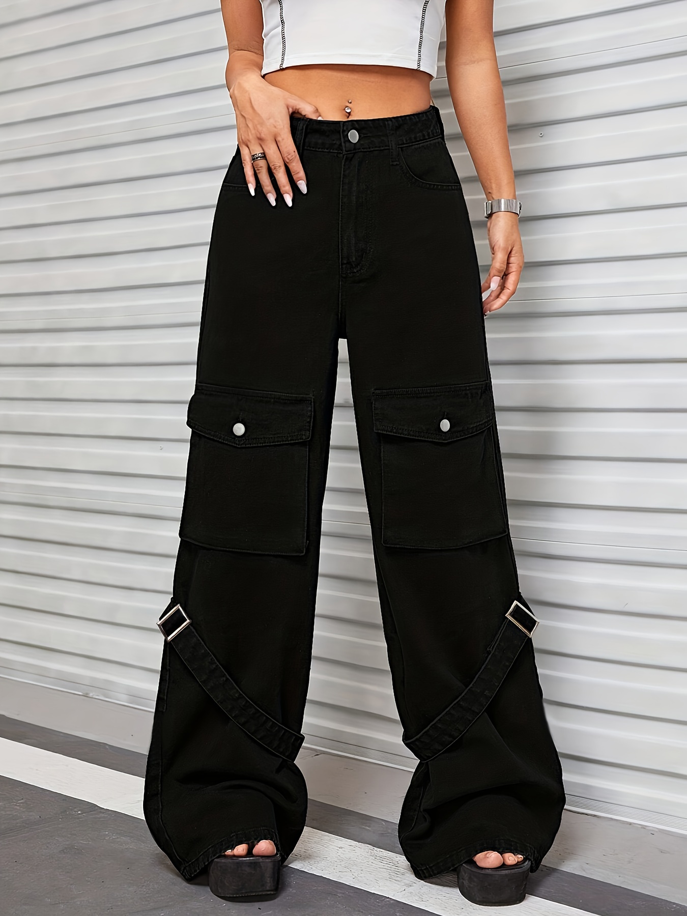 Black Flap Pockets Straight Jeans, Loose Fit Non-Stretch High Waist Cargo  Pants, Y2K & Kpop Style, Women's Denim Jeans & Clothing