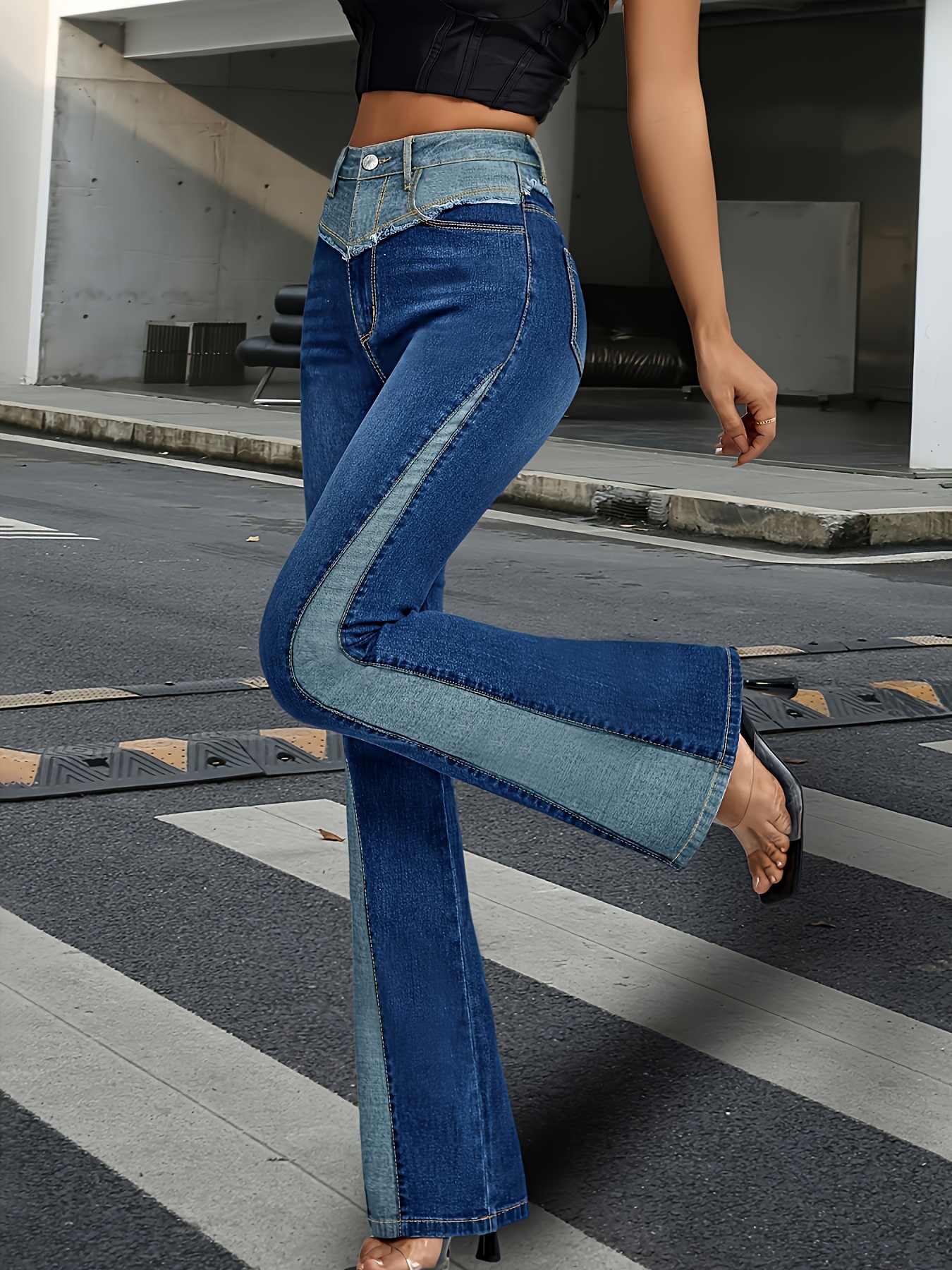 Contrast Color Bootcut Jeans High Waist Slant - Temu Finland