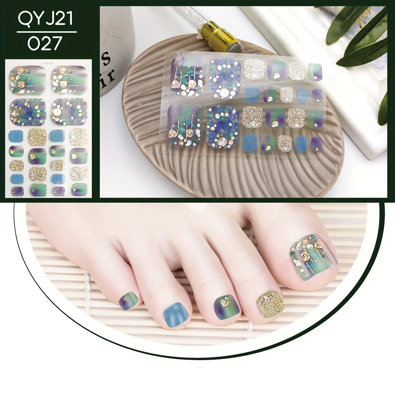 22pcs Gradient Toe Nail Stickers with Sequins and Glitter DIY Manicure Decals