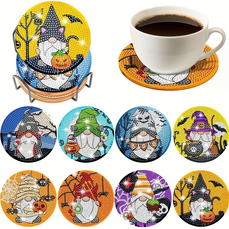 6Pcs New Diamond Painting Coasters Kits with Holder 3.94 Inch Diamond Dot  Coasters High Quality Halloween Theme