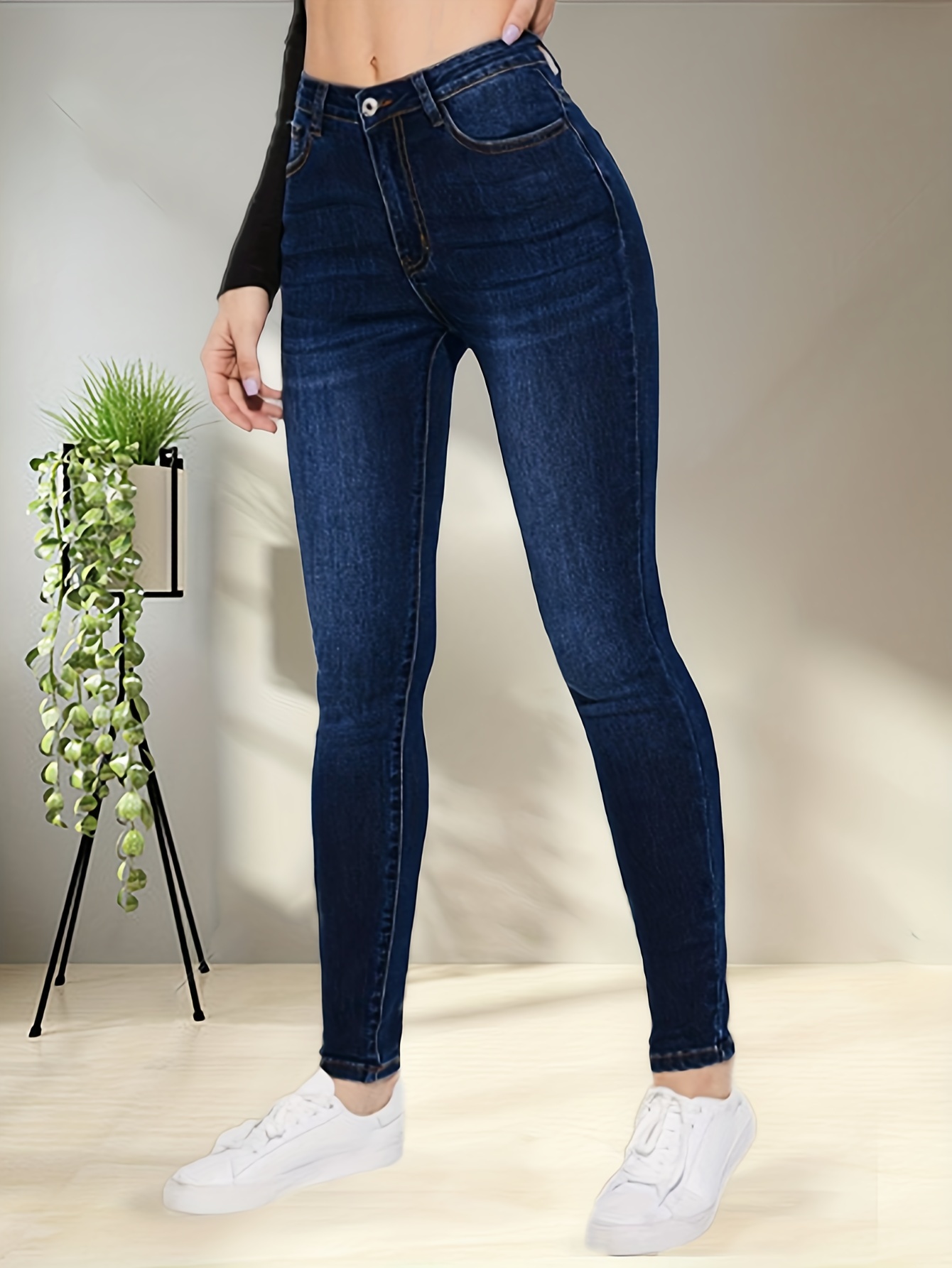 Blue Casual Stretch Slim Temu - Fit Pockets High Jeans Skinny Slant