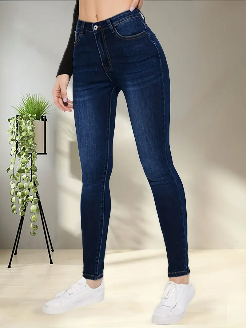 Blue High Stretch Skinny Jeans Slim Fit Slant Pockets Casual - Temu