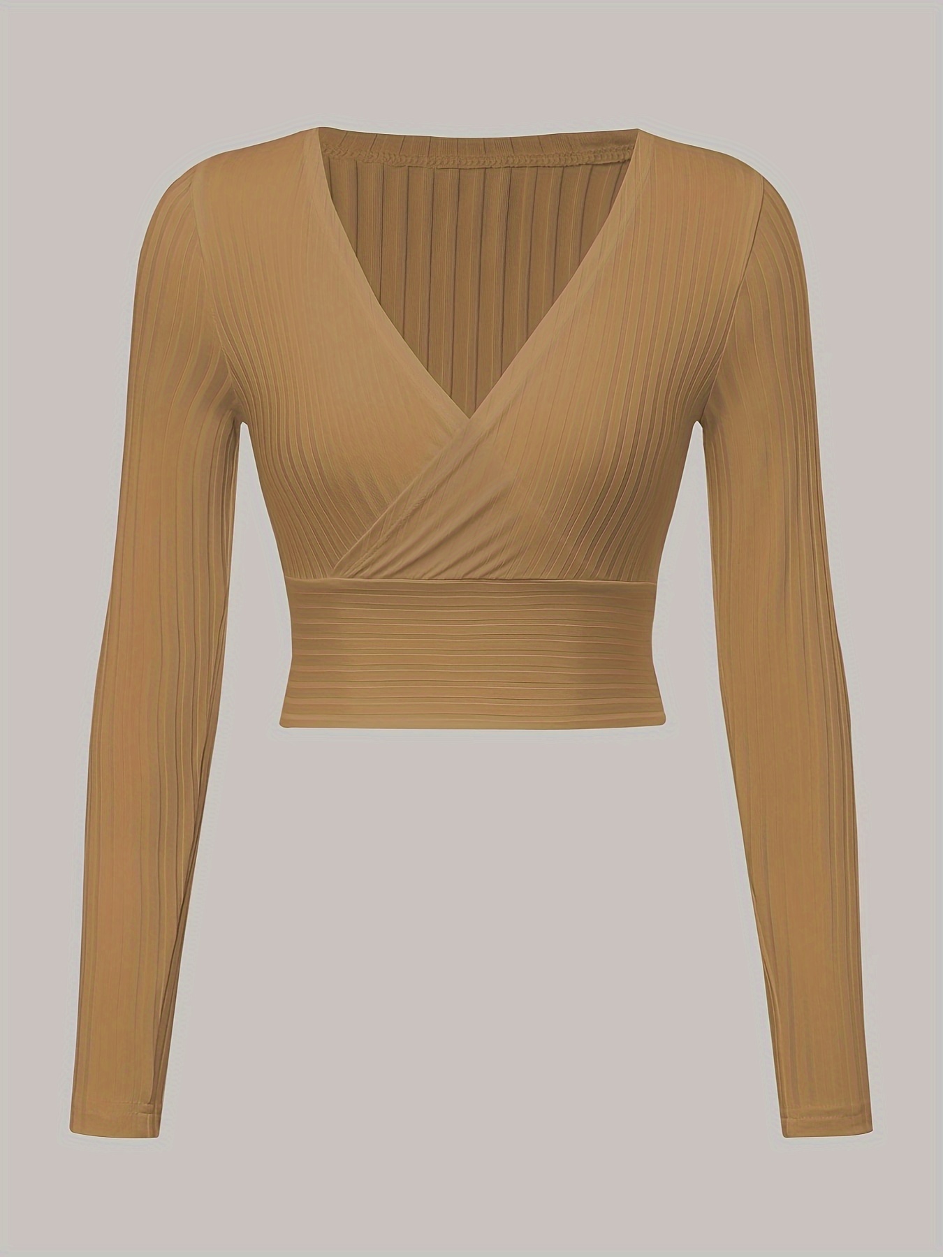 Primark Beige Ribbed Long Sleeve Seamless V Neck Cropped Top Size Medium  NWT