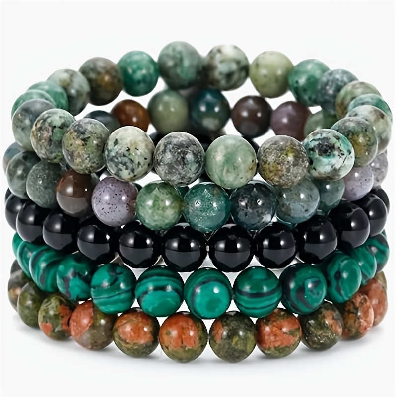 

5pcs Natural Stones Bead Bracelets, Green Bead, Suitable For Daily Wear For Men Women, Father's Day Gift
