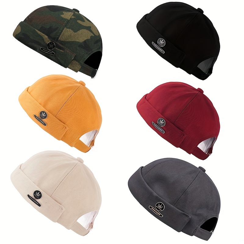 1pc Mens Brimless Melon Skin Hat With Leaf Round Label For Outdoor Leisure, Shop The Latest Trends