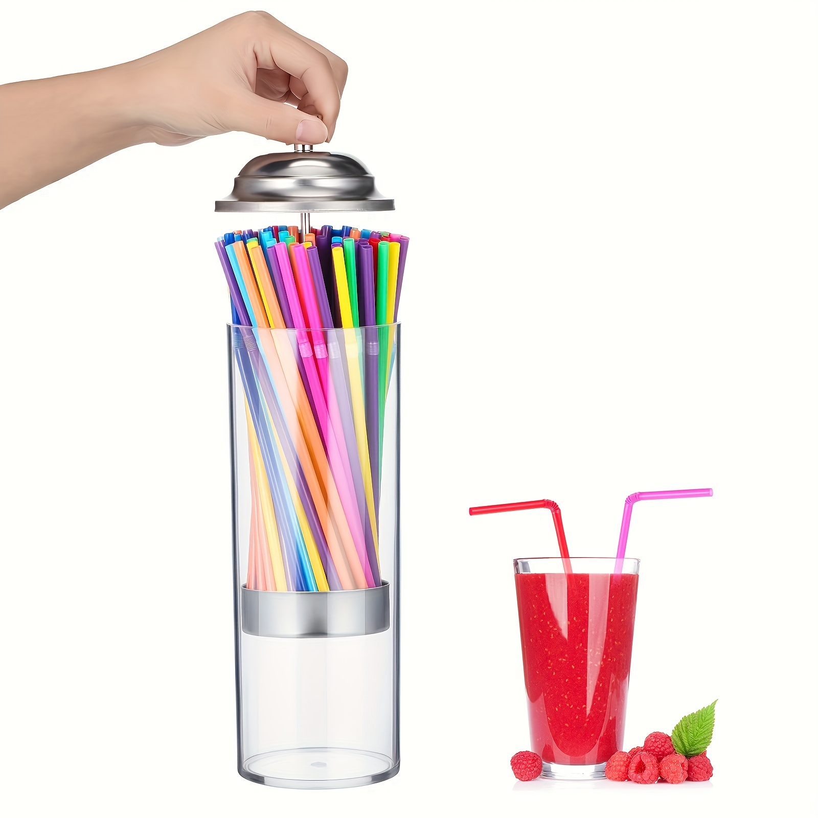Plastic Straw Dispenser and 100 Pcs Drinking Straw Organizer Container with  Stainless Steel Lid Transparent Drinking Straw Holder Striped Plastic