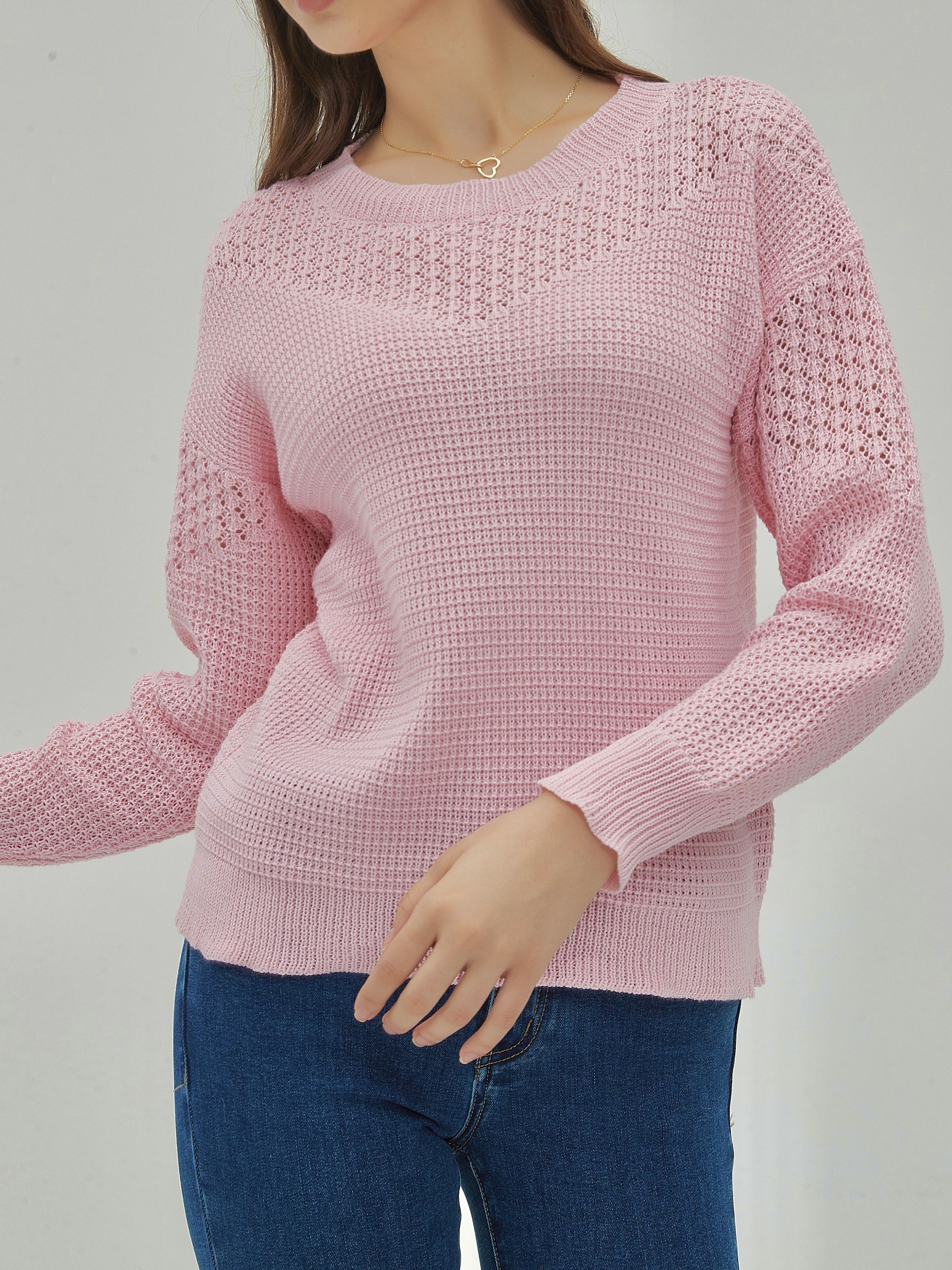 Solid Crew Neck Pointelle Knit Sweater Casual Long Sleeve - Temu