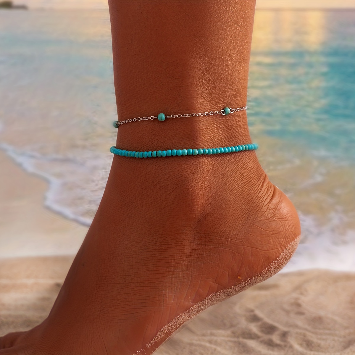 

2 Pcs Set Of Delicate Blue Beads Thin Chain Design Anklet Bohemian Simple Style For Women Beach Vacation Anklet Set