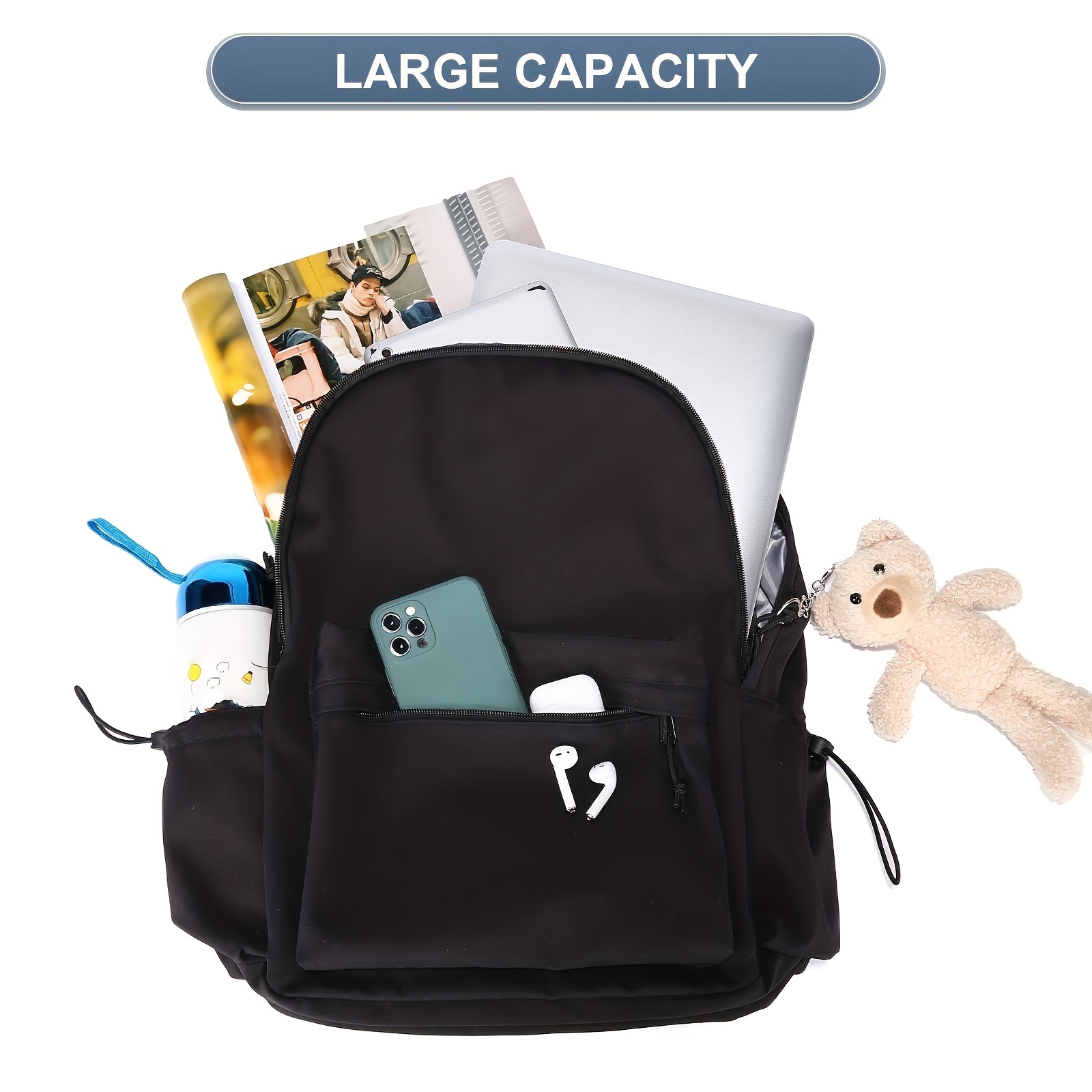 Solid Laptop Backpack Preppy Style Lightweight Travel Bookbag