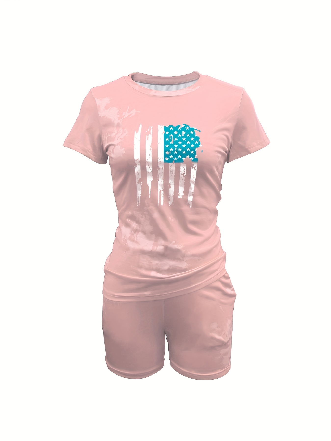 Flag Print Short Sleeve T shirt & Biker Shorts Set