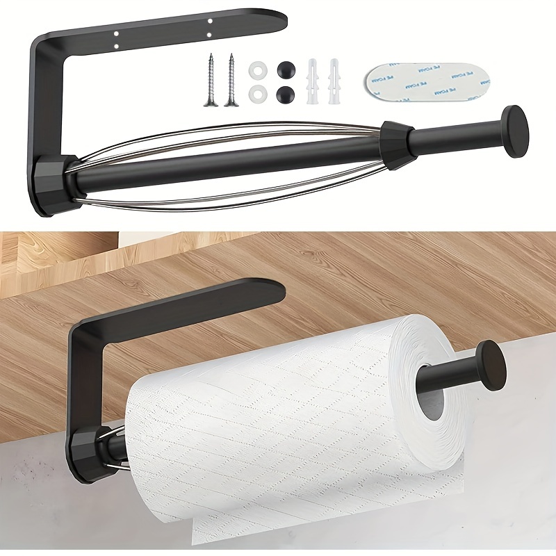 

1pc Paper Towel Holder Under Cabinet, Single Hand Operable Paper Towel Holder Wall Mount With Damping Effect, Self-adhesive Or Drilling For Kitchen, Bathroom, Black