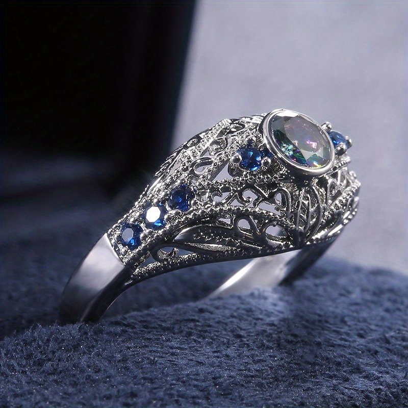 luxury retro 925 silver plated geometric pattern inlaid zircon ring for women romantic wedding bridal jewelry