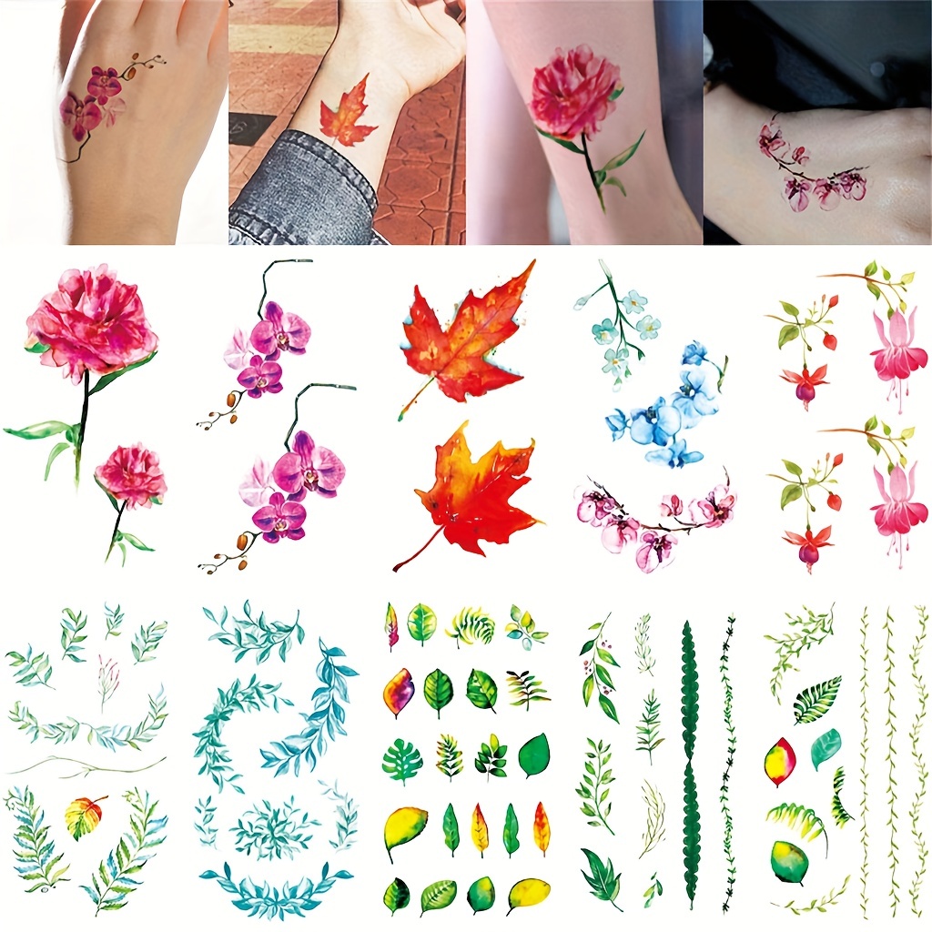 Flower Plant Leaves Temporary Tattoos Stickers Half Sleeve - Temu