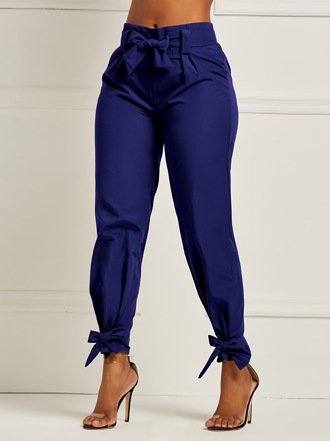 Pantalones sólidos con lazo, elegantes pantalones de cintura alta y largo  ajustados, ropa de mujer