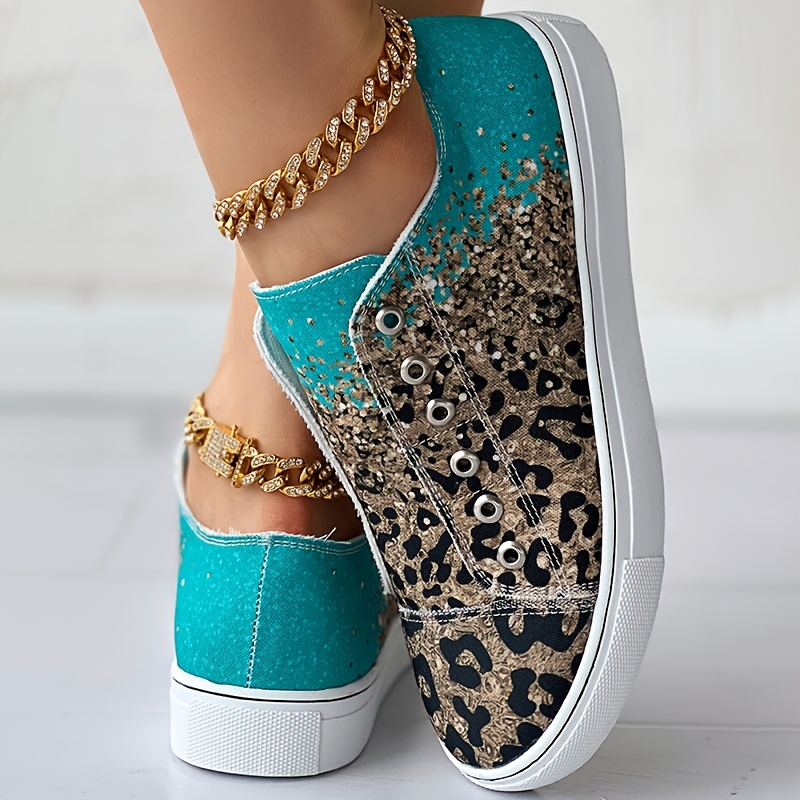 womens leopard print canvas shoes fashion low top ombre flat sneakers casual walking shoes details 0