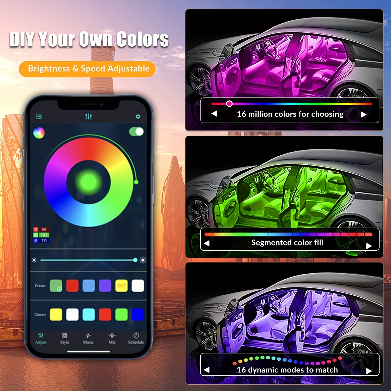 Goadrom 4pcs Car Led Lights 48led Interior Lights With App Control Rgb  Inside Car Lights With Diy Music Mode Led Lights For Cars With Car Charger  Automotive Temu Australia