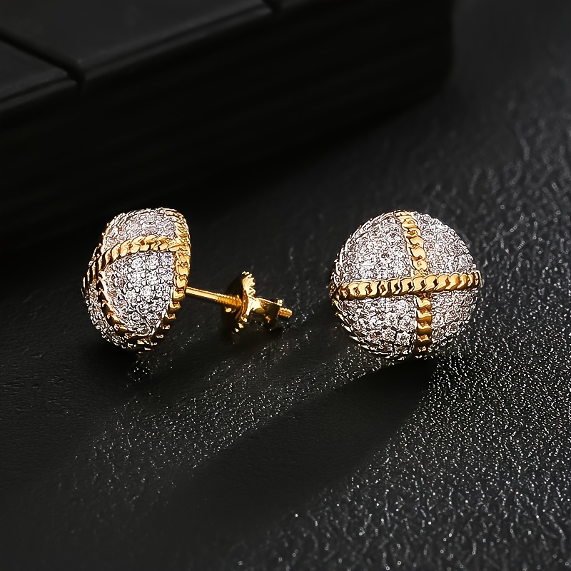 TEMU Icedchics 18k Gold-plated Geometric Half Hip Hop Earrings With Cubic Zirconia - Stainless Steel Posts, Non-magnetic