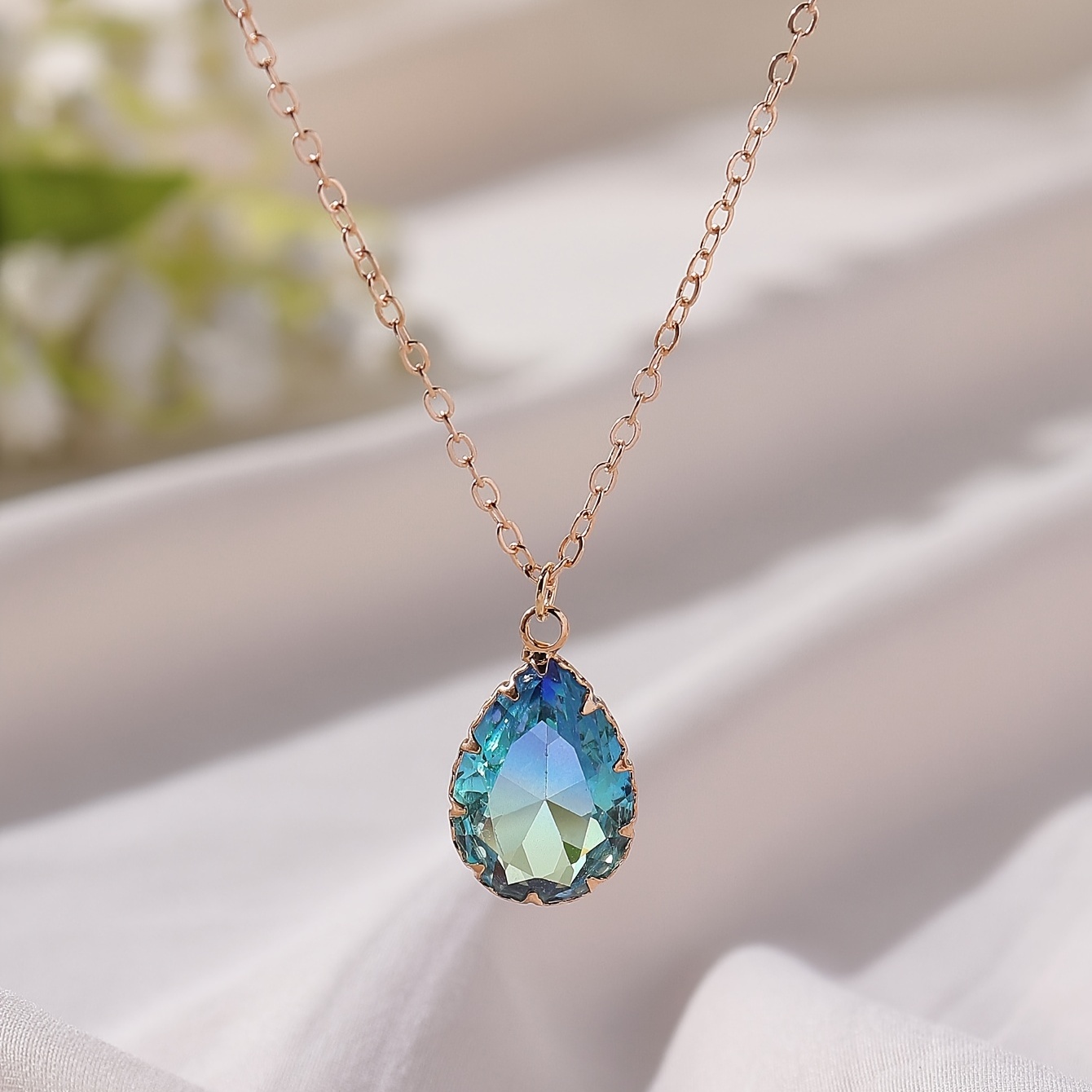 Colorful Crystal Necklace Water Drop Synthetic Gemstones Shiny Neck Chain Wedding Anniversary Gift