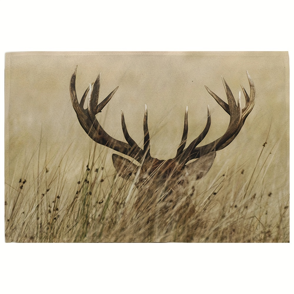 

4pcs Antler Place Matswhitetail Deer Fawn In Wilderness Stag In Countryside Rural Hunting Theme, Washable Fabric Placemats For Dining Table, Standard Size12x18inch