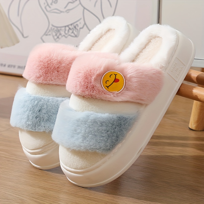 Cartoon Smile Face Fuzzy Slippers Closed Toe Soft Sole Temu