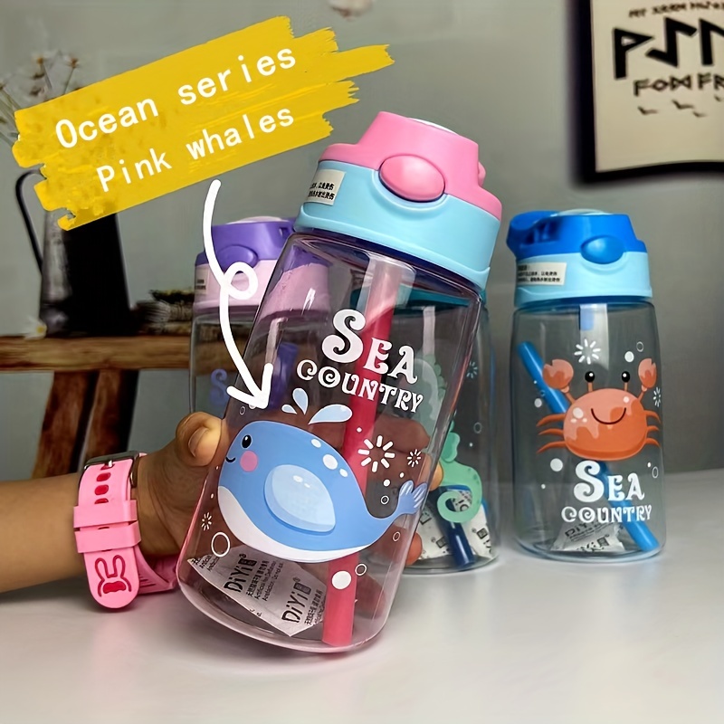 480ML/16.23OZ Kids Cartoon Print Straw Water Bottle Plastic Sippy