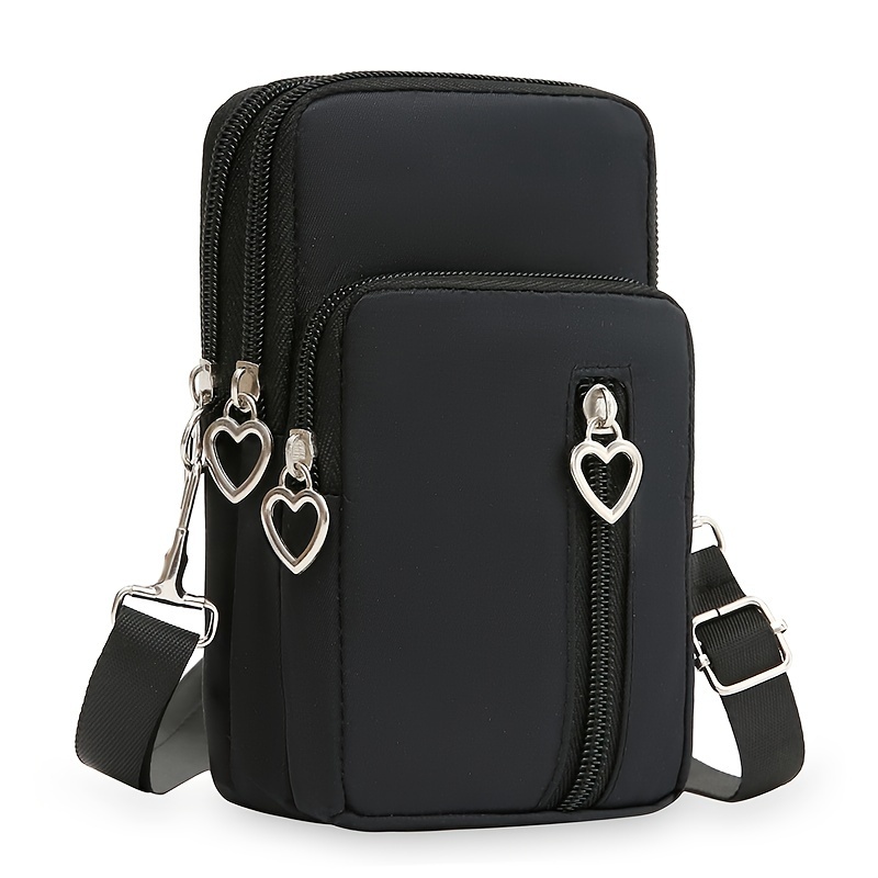 

Mini Heart Zipper Phone Bag, Nylon Canvas Crossbody Bag, Multi Layer Zipper Around Purse (3.54*6.7*2.36) Inch