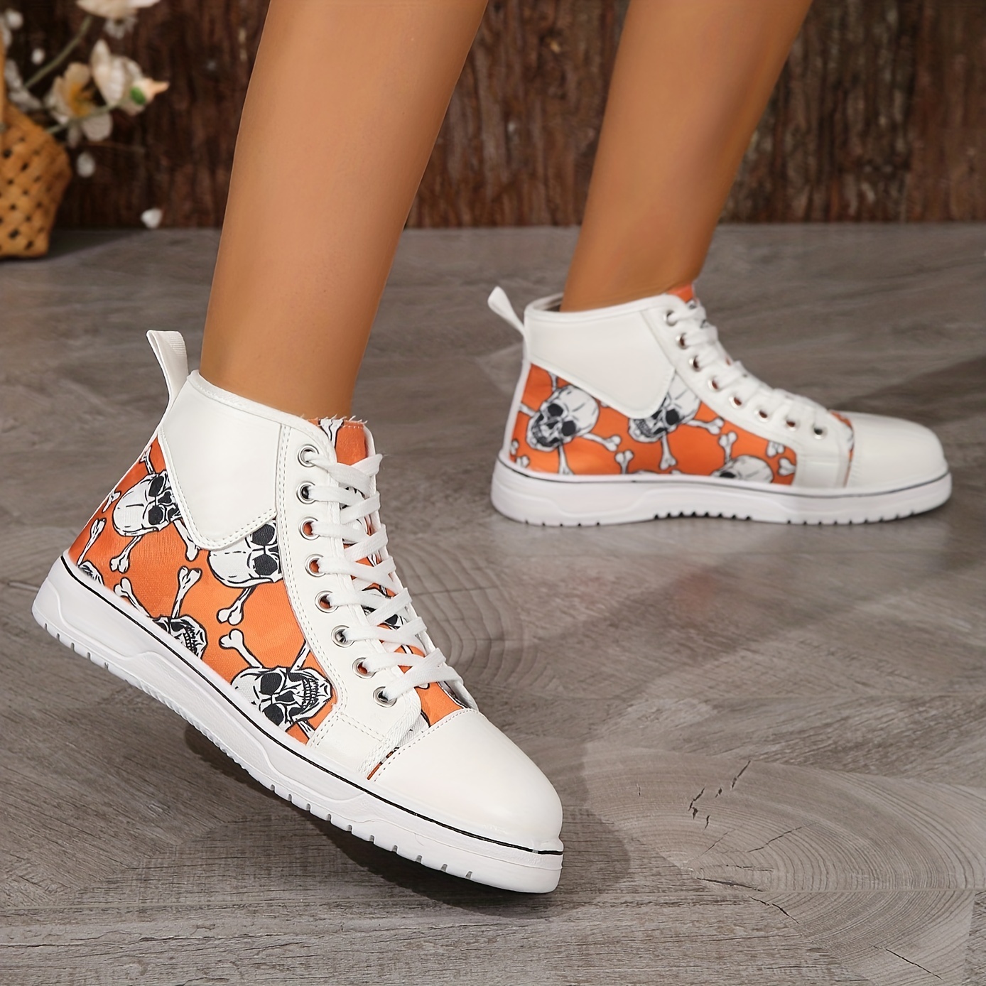 womens skull pattern sneakers round toe flat high top skate shoes casual halloween walking trainers details 7