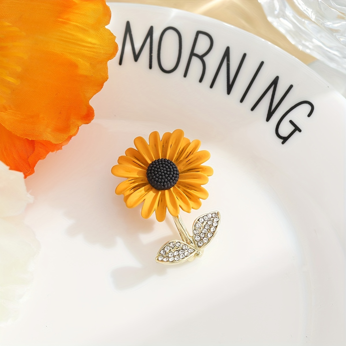 Sunflower Brooch Pin with Rhinestone Decor