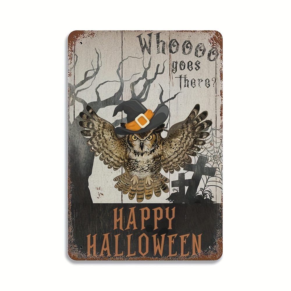 Go Fishing Halloween Crow Cat Owl Round Metal Tin Sign - Temu