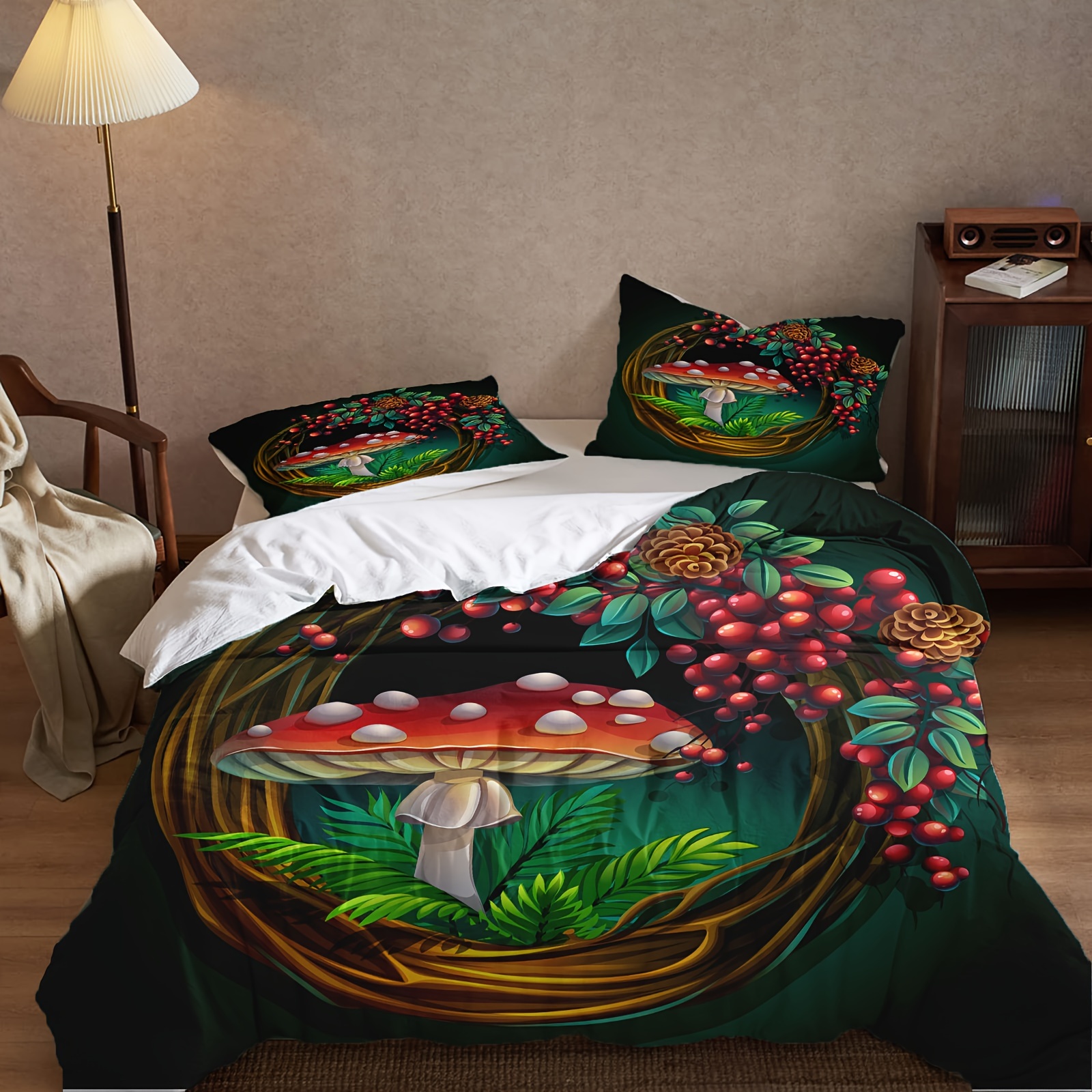 Woodland Duvet Cover and Pillow Cases, Mushrooms Bed Accessories