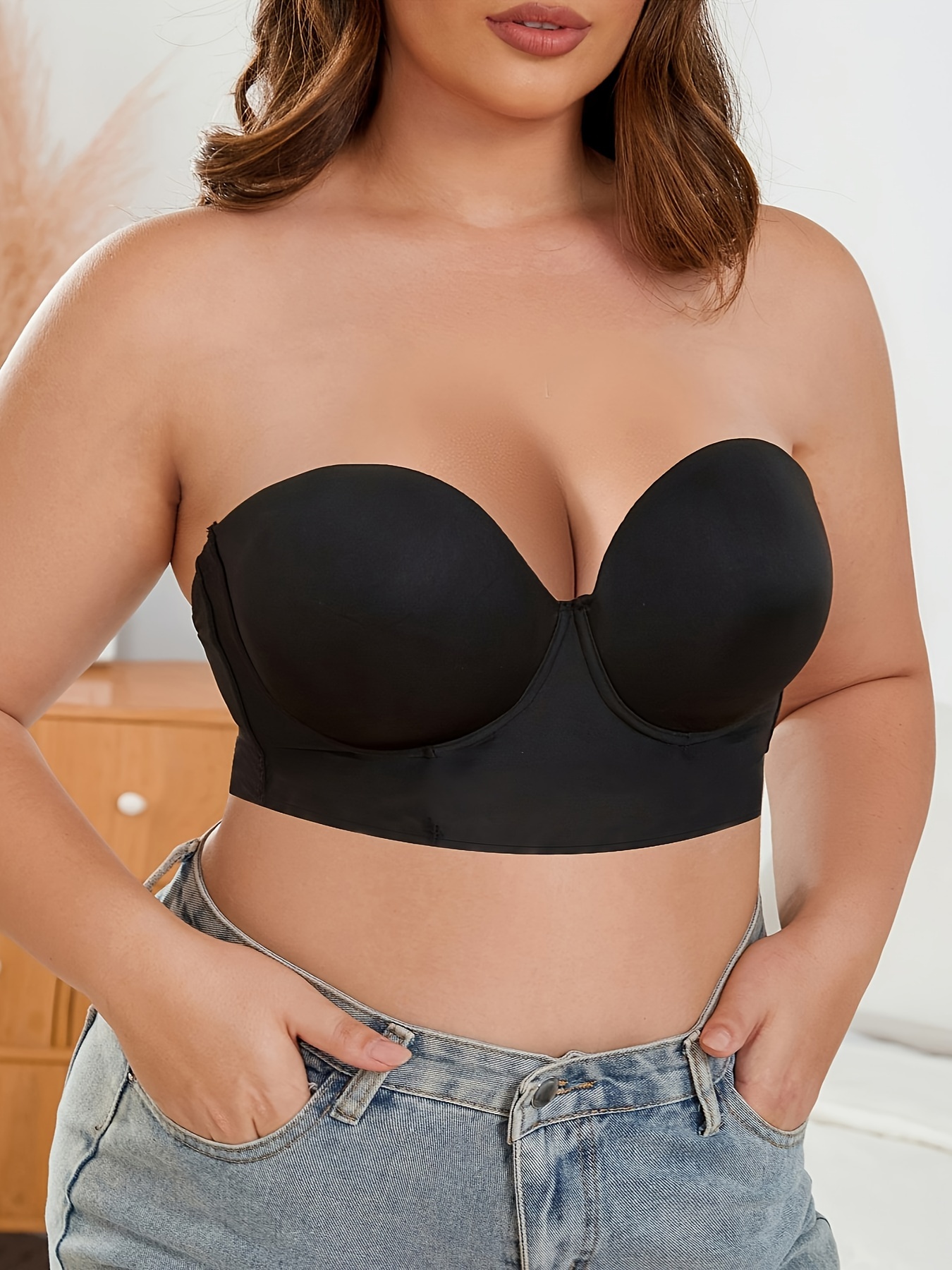Plus Size Padded Bandeau Bra With Underwire And 1 Pair Transparent Shoulder  Straps