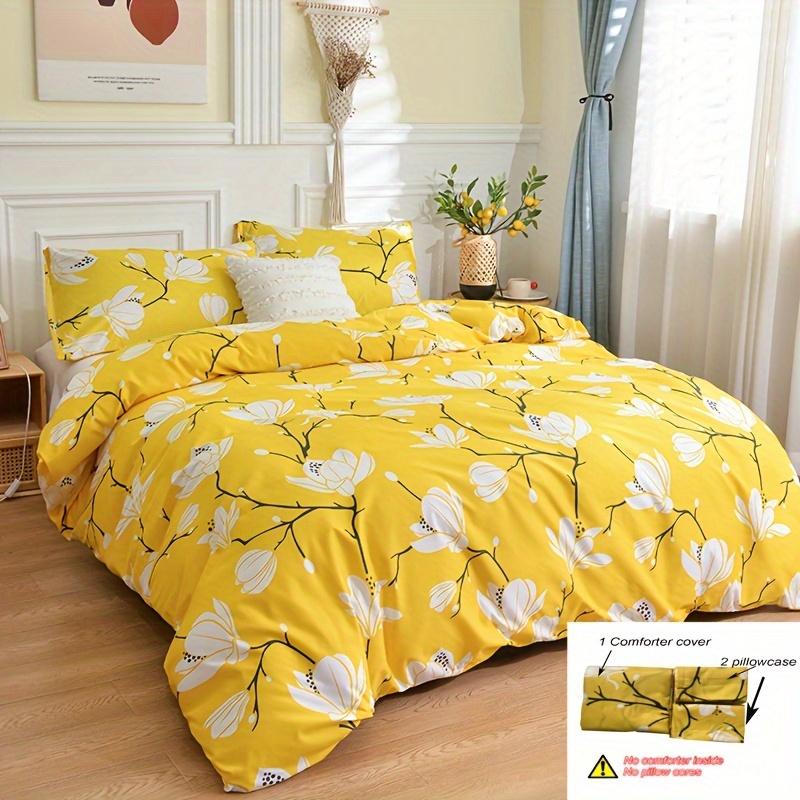 

3pcs Duvet Cover Set, Yellow Floral Print Bedding Set, Soft Comfortable Breathable Duvet Cover, For Bedroom Guest Room Decor (1*duvet Cover + 2*pillowcase, Without Core)