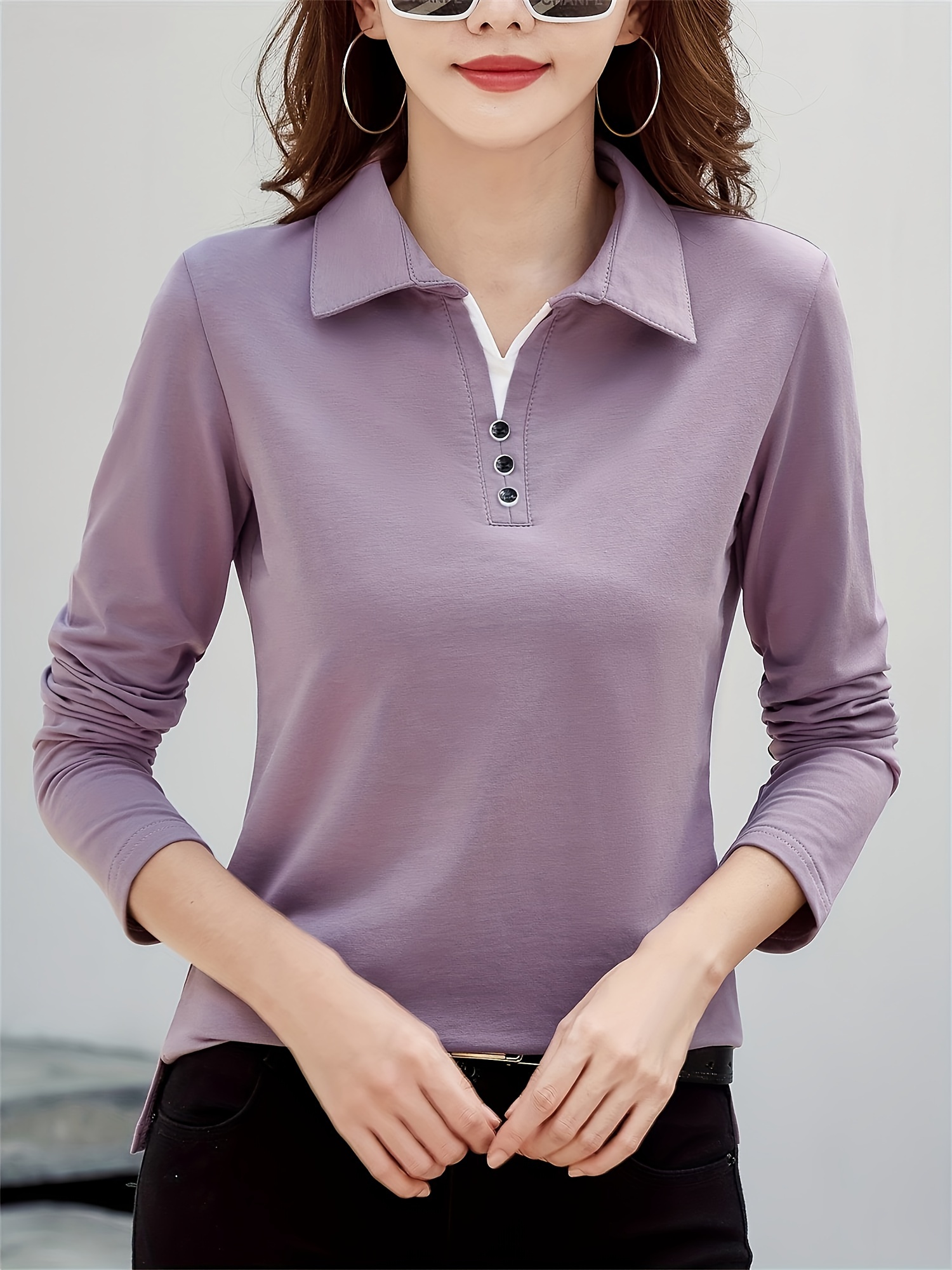 womens casual long sleeve shirt lapel collar button details Temu
