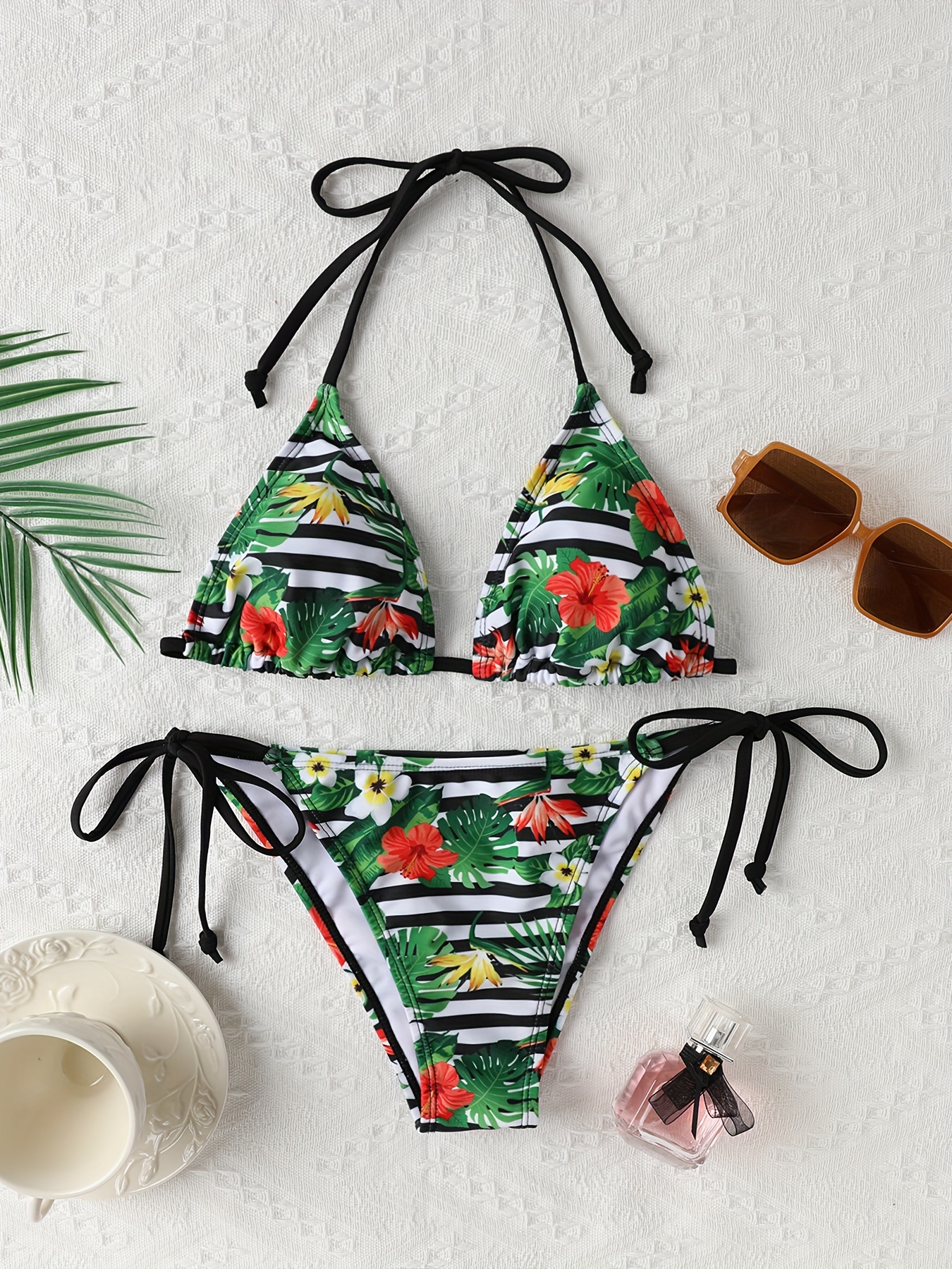 Cute Cherry Print Contrast Trim 2 Piece Set Bikini, Halter Tie Side  Backless Medium Stretch Swimsuits, Women's Swimwear & Clothing