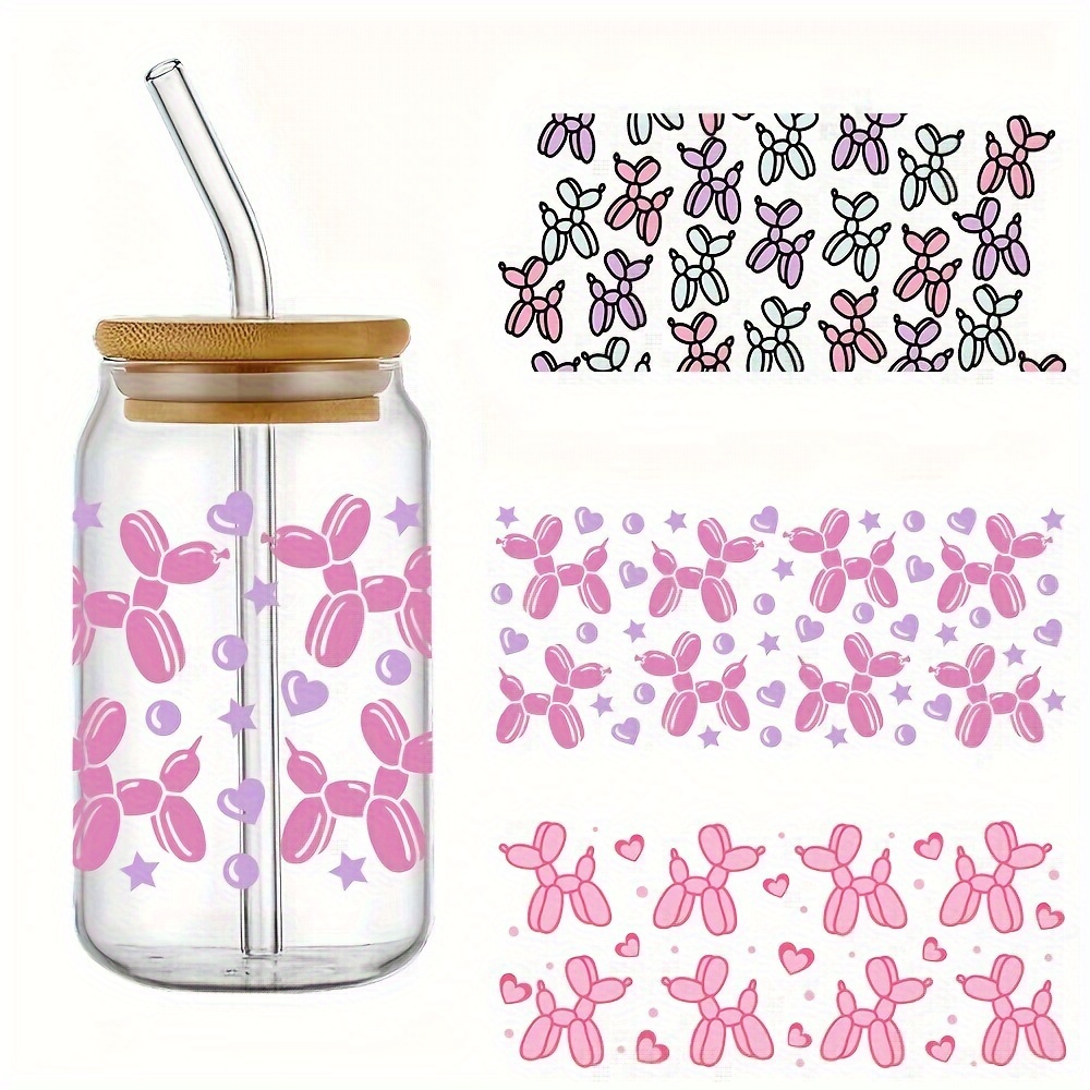 TEMU 3pcs Balloon Dog Uv Printed Decals, Waterproof Polyester Fiber Diy Stickers For 16oz Glass Mason Jar Tumbler