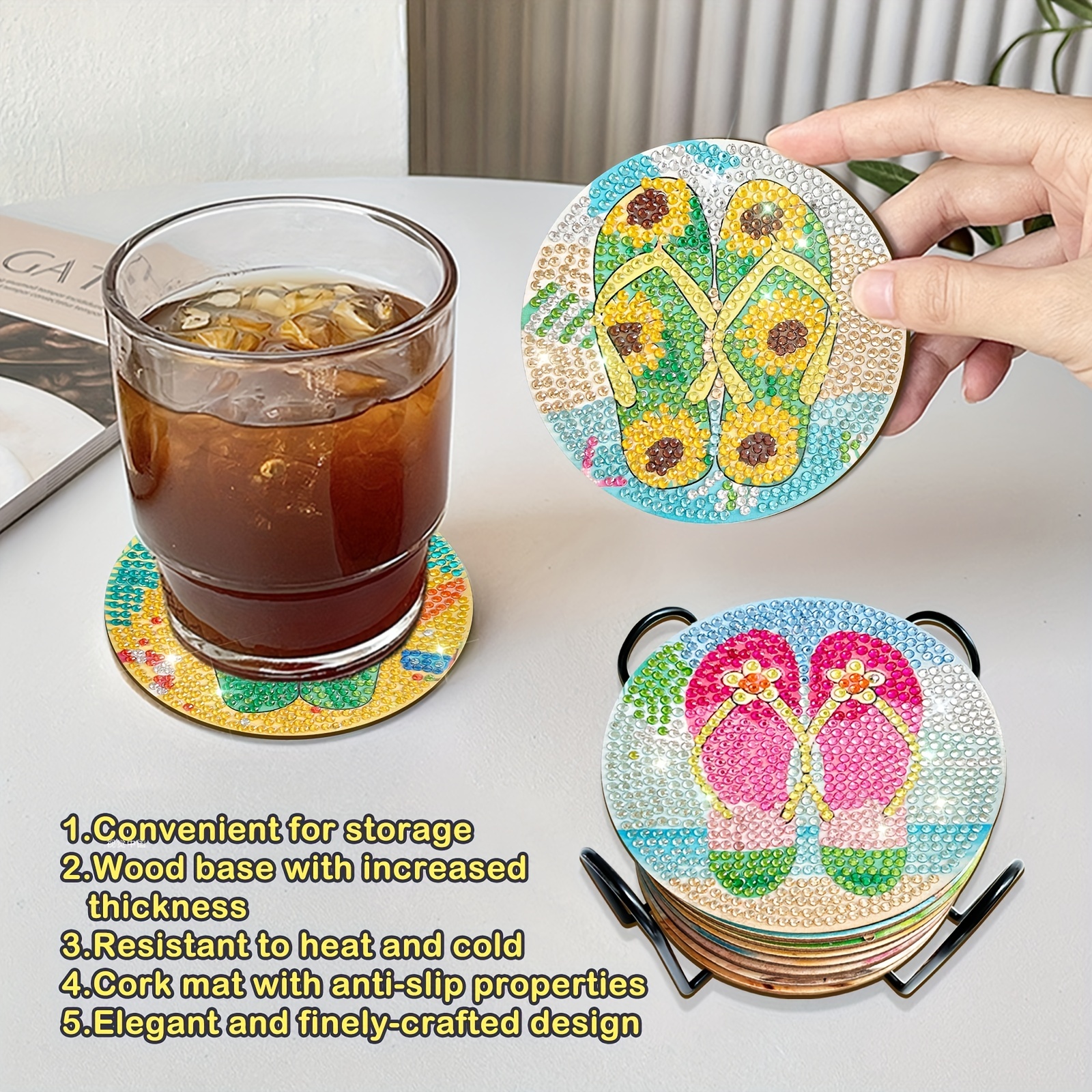 8 Pcs Cocktail Diamond Art Painting Coasters Kit with Holder for Adults, DIY Summer Diamond Dotz Coasters Non-Slip Coaster for Women, Beginners