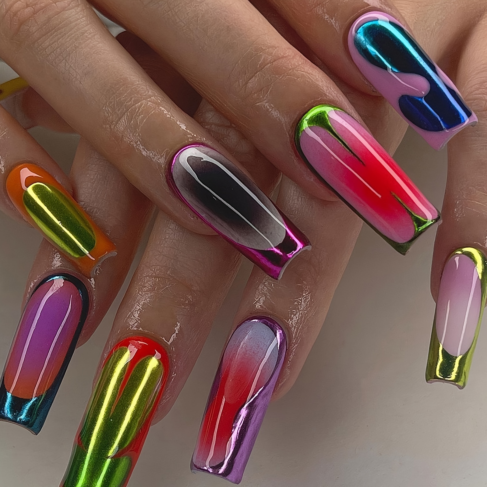 24Pcs Long Coffin False Nails Rainbow Colored Pink with French