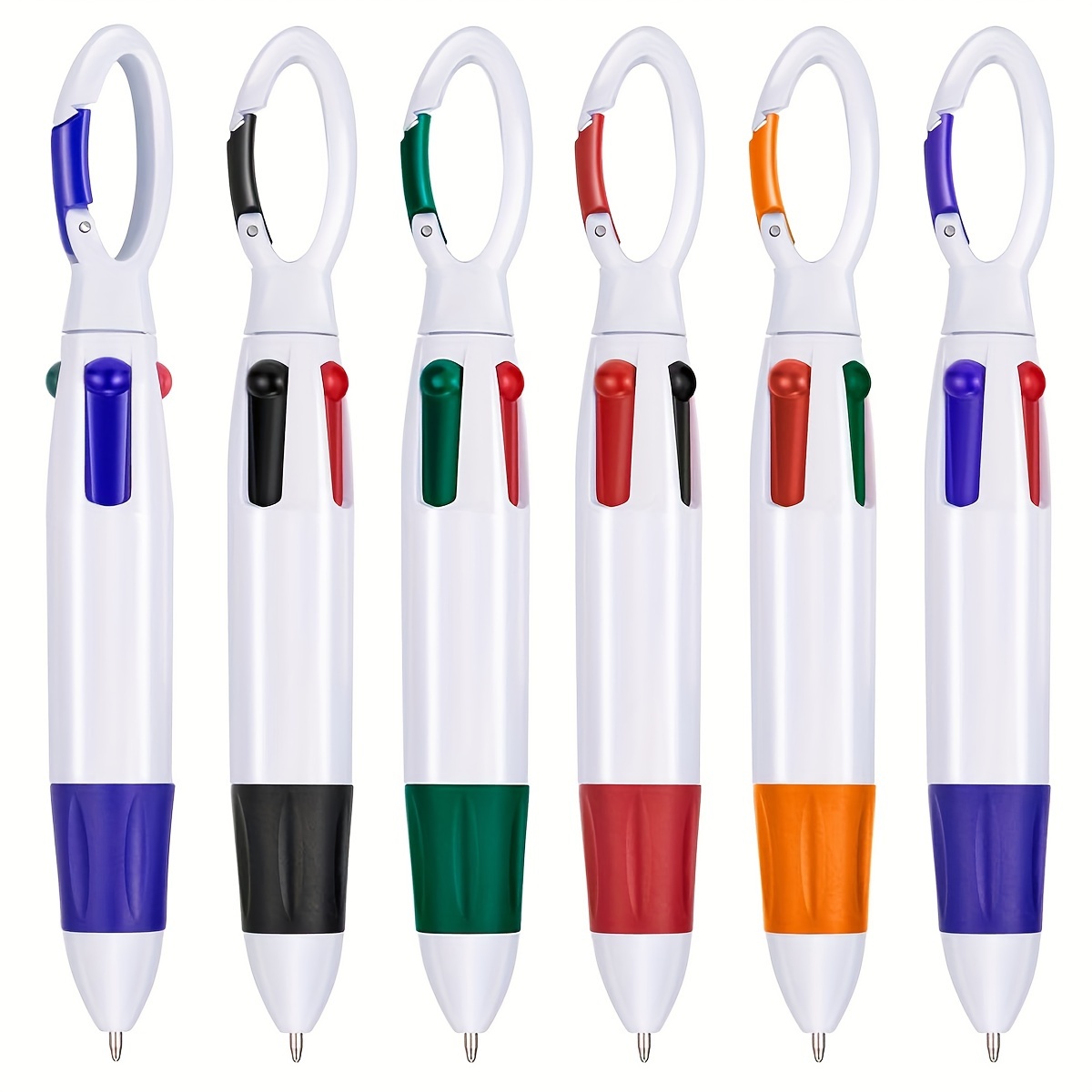 

6pcs Plastic Carabiner Shuttle Pens 4-in-1 Retractable Ballpoint Pens Multicolor Pens With Buckle Keychain