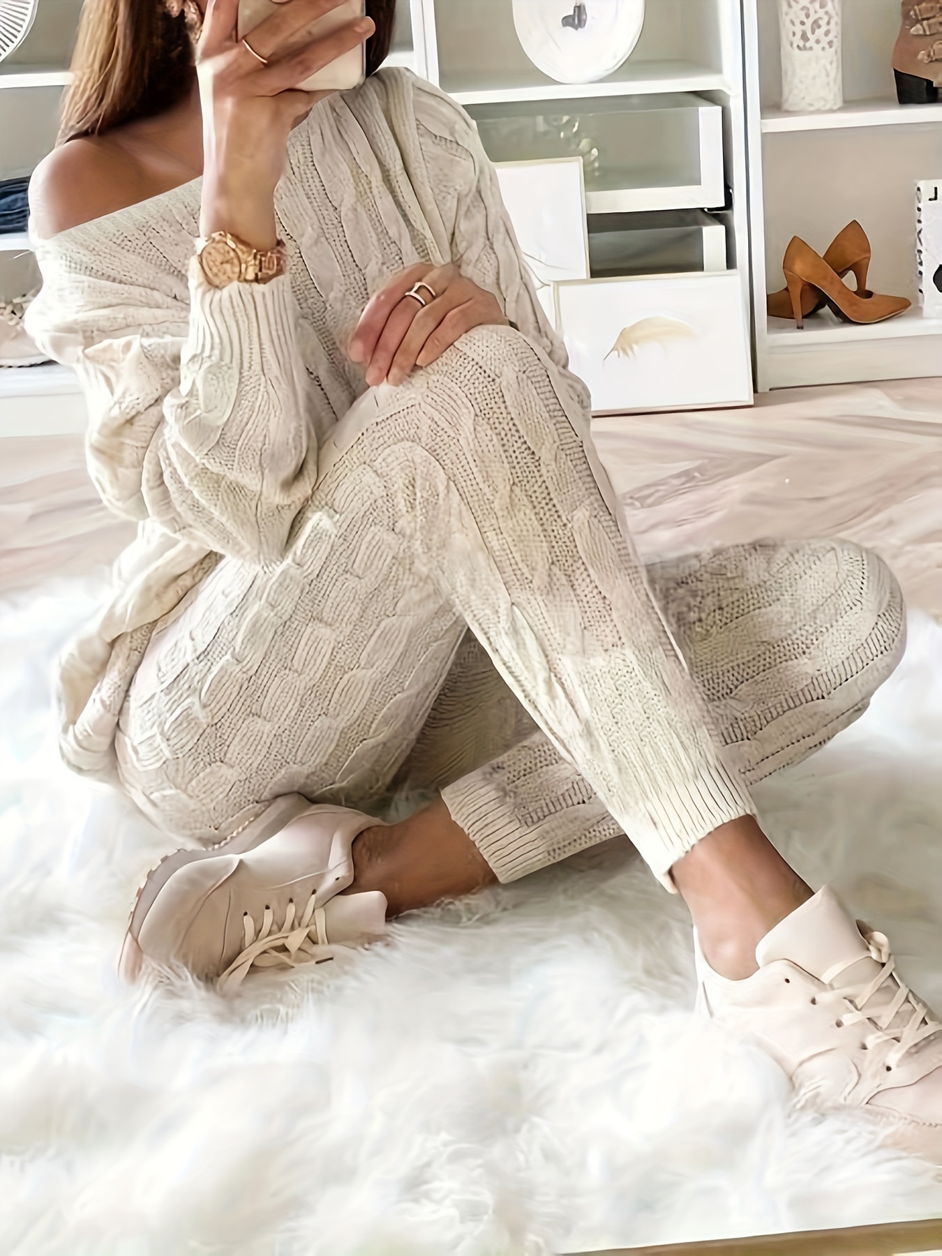 YWDJ 2 Piece Outfits for Women Pants Sets Long Sleeved Plain Knitted Casual  Two-piece Blouse Pants Knitting Sweater Beige M