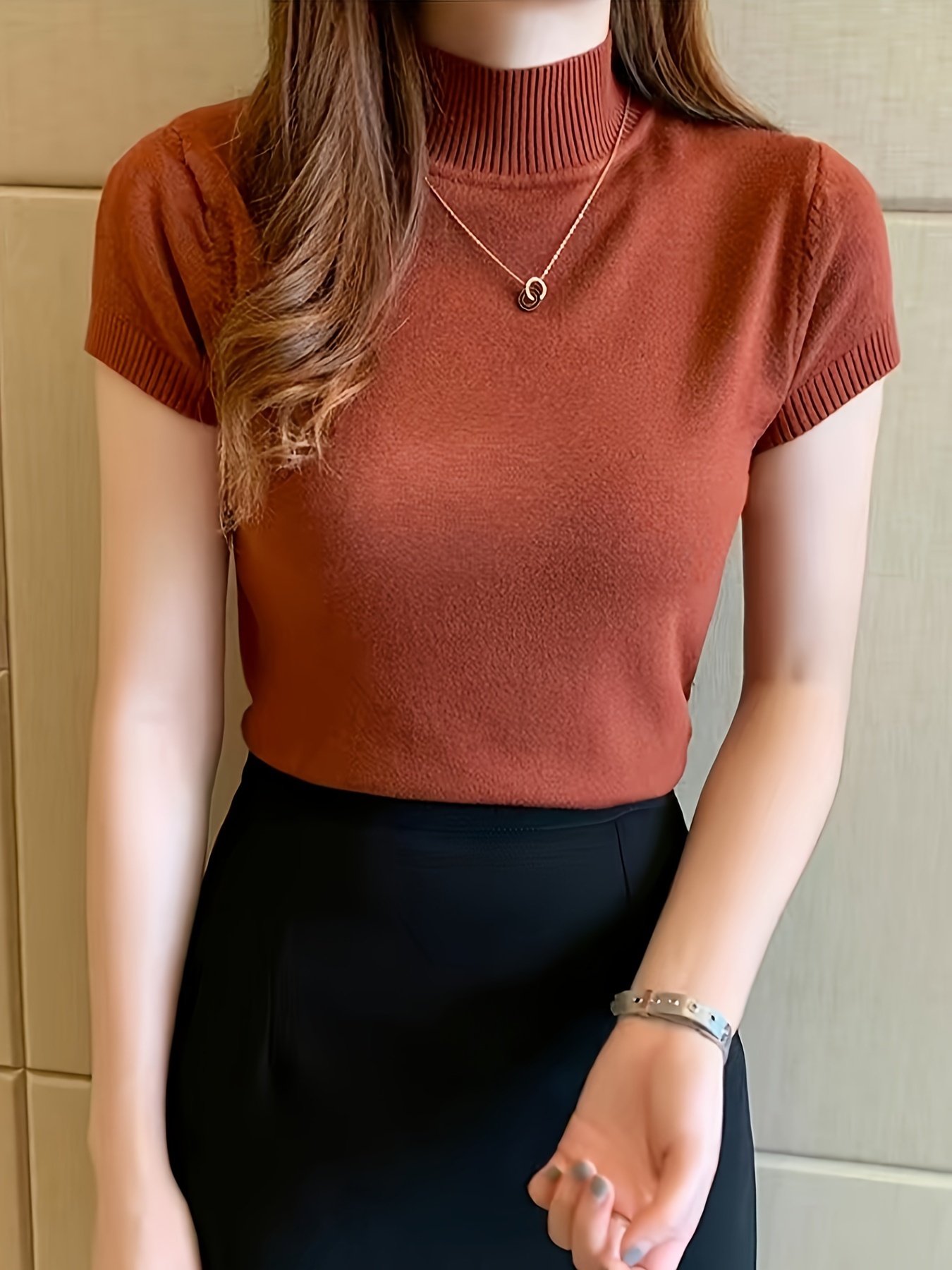 New Style Knitted Versatile Design Half-High Collar Short Sleeve Thin Pullover
