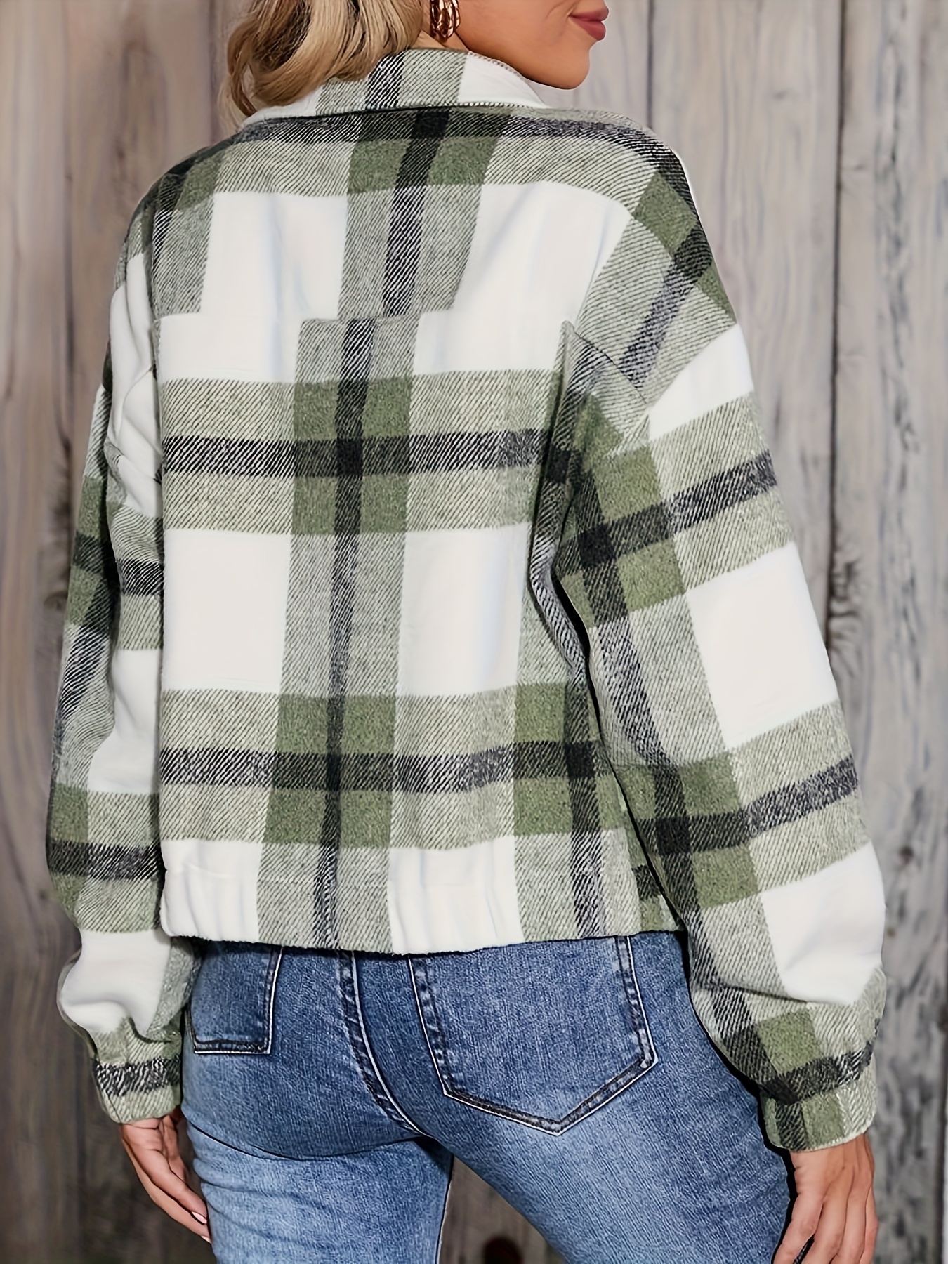 Plaid Pattern Flap Pockets Zipper Jacket, Vintage Drop Shoulder