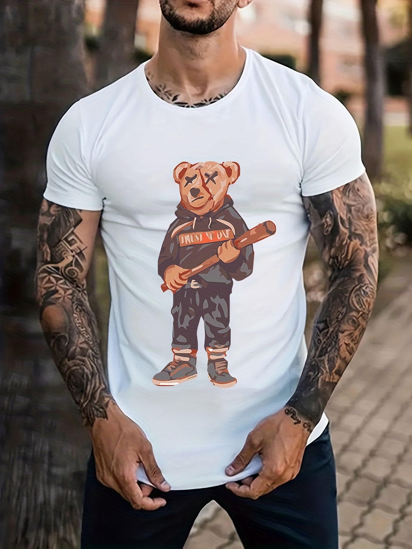 Fierce Bear Round Neck T-shirts, Causal Tees, Short Sleeves Tops