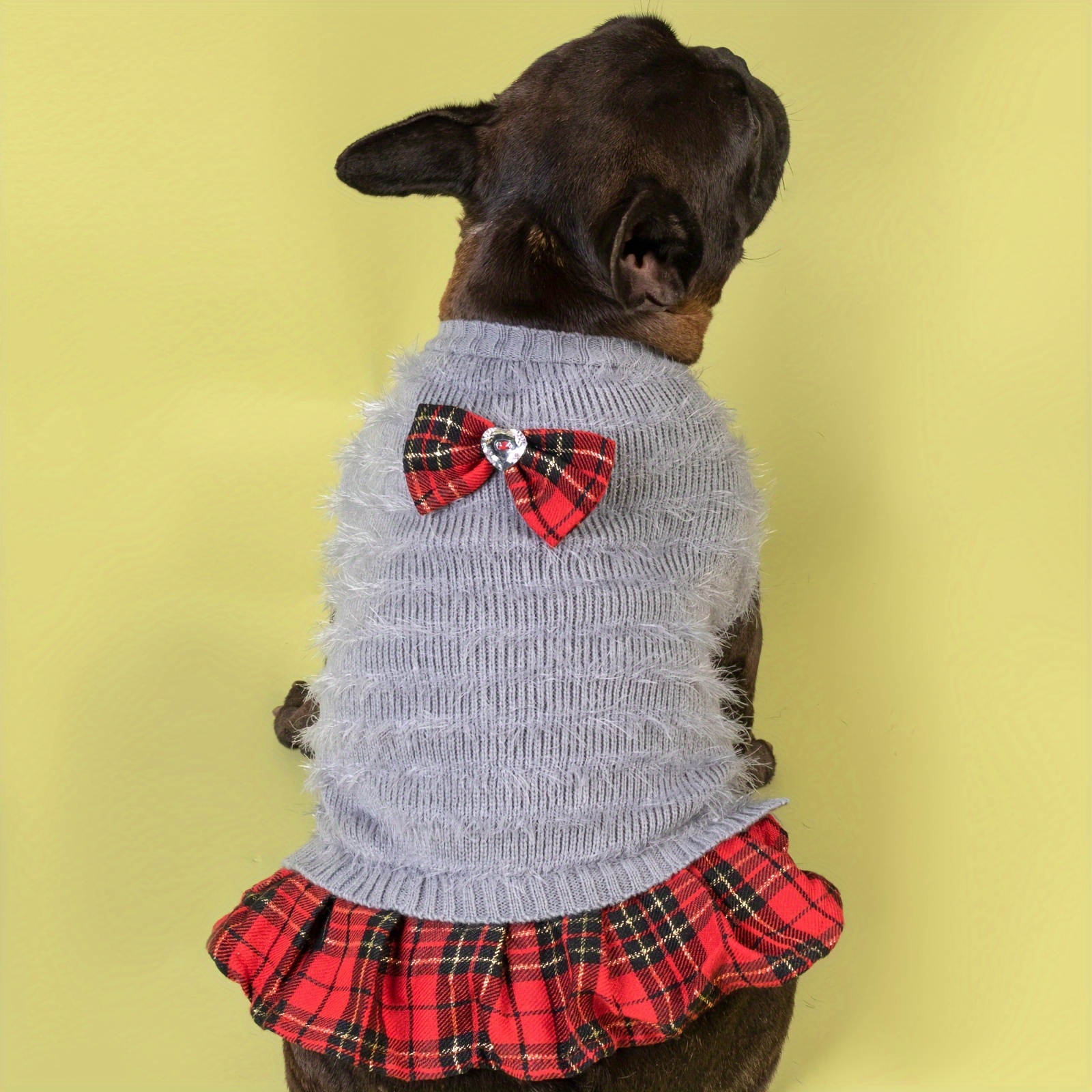 Dog sweater shop with plaid skirt